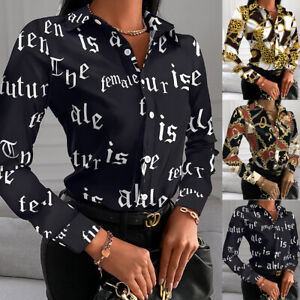 US Womens Chain Print Shirt Tops Ladies Work Office Long Sleeve Buttons Blouse