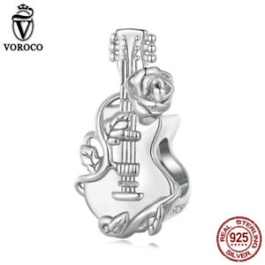 Voroco Women 925 Sterling Silver Musical Guitar Bead Charm Jewelry Fit Bracelets