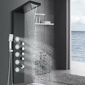 Stainless Steel Shower Panel Tower System Massage Body Jet Rain&Waterfall Black
