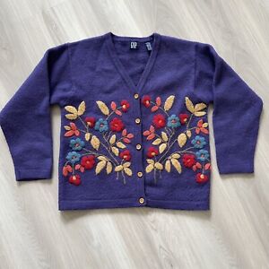 Vintage Gap Purple Floral Embroidered Wool Cardigan XL