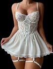 Lacy Lace Up Bodice Skirted Mesh Bridal Nighty Nightgown XL Garter Lingerie Set