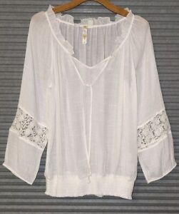 Adiva Semi Sheer long sleeve Peasant Baby Doll white top blouse XL