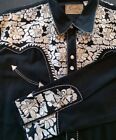Scully Mens XL Shirt Pearl Snap Long Sleeve Floral Tooled Stitch Black Ivory