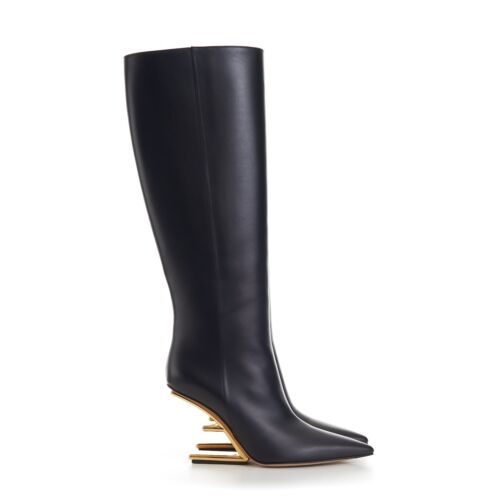FENDI FIRST 2650$ Black Leather  High-Heeled Boots - O'lock Zip Pull