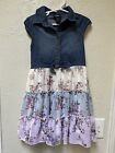 Zunie Girls Youth Size 6 Dress Denim Jean Top & Floral  Mesh Tiered Skirt EUC