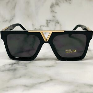 Sunglasses Men Designer Fashion Gold Metal Bar Dark Black Lens Retro Classic NEW