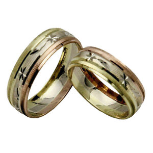 14k Solid Tricolor Gold His and Her Wedding Band Ring Set- 5-13 Free Engraving