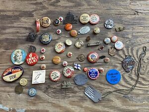 New ListingRare Vintage Antique Junk Drawer Lot Military WW2 Dog Tags Pins Pinback Buttons