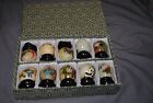 Boxed Set Lot of 10 Vintage Jadite Hand Painted Mini Miniature Eggs w/ Stands