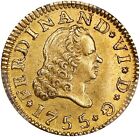 SPAIN FERDINAND VI  1755-MJB  1/2 ESCUDO GOLD COIN, PCGS CERTIFIED AU58+