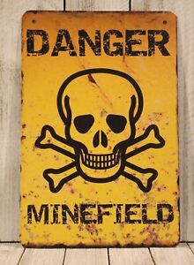 Danger Minefield Tin Metal Poster Sign Rustic Look Warning Boys Room Decor Mines