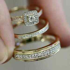 14K Yellow Gold Over 2Ct Simulated Diamond His Her Bridal Wedding Ring Trio Set