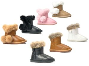 NEW Girls Mid Snow Boots Toddler PU Leather Winter Flat Heel Shoe Faux Fur
