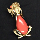 Vintage Signed Crown Trifari Seated Poodle Dog Pin Brooch Jelly Belly Coral Red