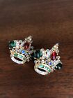Vintage Earring Crowns  Clip On Trifari Style  Colorful Cabochons Rhinestones