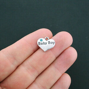 BULK 10 Baby Boy Heart Charms Antique Silver Tone 2 Sided Rhinestone- SC4380