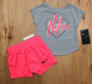 Nike Toddler Girl Shirt & Mesh Shorts Set ~ Gray, Neon Pink & White ~ 4T