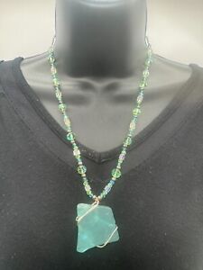 Translucent Aqua Wire Wrapped Sea-glass Pendant Beaded Necklace 20