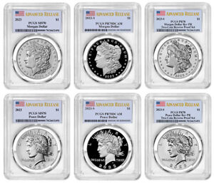 2023 (MS70/PR70) 6-Coin Set $1 Morgan & Peace Silver Dollar AR PCGS