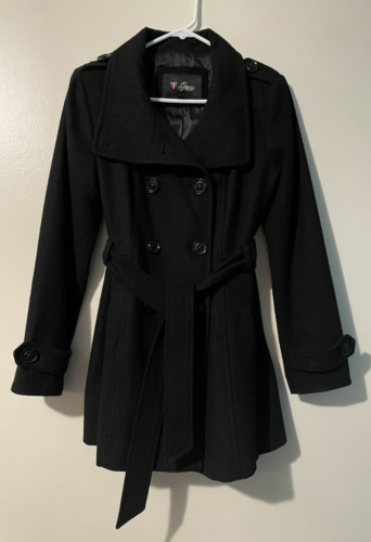 Guess Trench Coat Women Size Small Black Wool Blend Lapel High Neck Belted