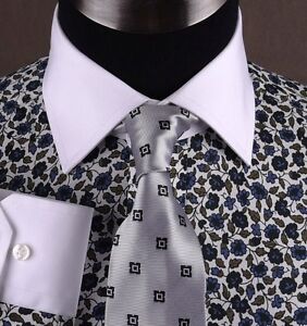 Black Floral Mens Casual Shirt Luxury Business Dress Fashion White Spread Collar