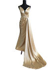 Gold Satin Mermaid Formal Dress V-Neck w/ Straps Gown Sweep Train High Slit 6-10