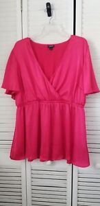 Torrid Size 1 Top Lily Babydoll Red Shiny Surplice Short Flutter Sleeves Stretch