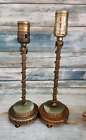 Pair of  Vintage MCM Lamp Green Marble and Brass Metal Base Bedside Table Lamps