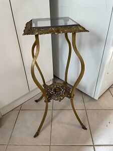 ANTIQUE VICTORIAN CAST BRASS ORNATE PLANT STAND TABLE GLASS TOP