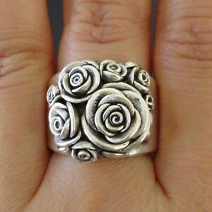 Boho 925 Sterling Silver New Women Fashion Vintage Style Rose Flower Ring Size 8