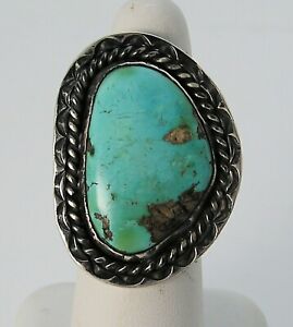 Awesome Vintage Large-Long Turquoise Freeform Cabochon Navajo Sterling Ring 15g