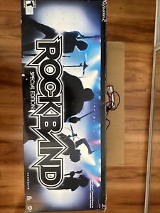 Rock Band Playstation PS2 W/ Drums Dongle Mic Pedal Stand In Box, NO Guitar