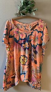 Fresh Produce Tunic Top Plus Size 1X Tropical Floral Orange Bright Back Cut Outs