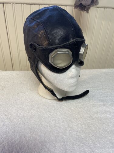 Antique Pilot Aviator Leather Cap Helmet Goggles