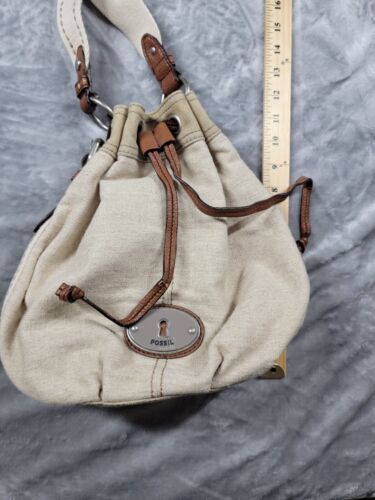 Fossil MADDOX Canvas Drawstring Bucket Shoulder Bag with faux Leather trim