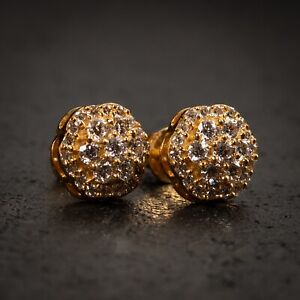 Men's Iced VVS Diamond Yellow Gold 14K Flower Cluster 0.70Ct Stud Earrings