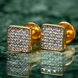 Square Natural Diamond 0.16Ct Hip Hop Real 10K Yellow Gold Men's Stud Earrings