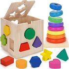 Aigybobo Toddler Toys Age 1-2, Wooden Shape Sorting Cube & Rainbow Ring Stacker