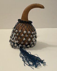 Authentic African Shekere Shaker Rattle Drum Gourd Blue String Tear Beads Signed