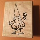 Gnome Holding 4 Leaf Clover Rubber Stamp, wood mounted.