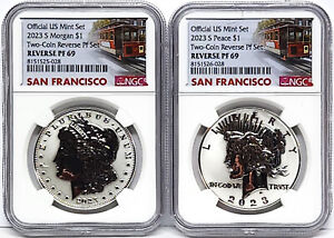 2023 s reverse proof morgan and peace silver dollar set ngc rp 69 sf  in hand