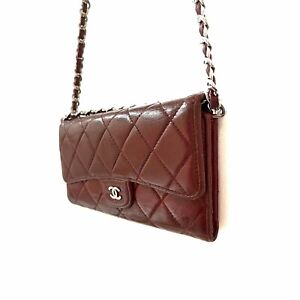 CHANEL Burgundy Red Quilted Lambskin Leather CC  Flap Bag Clutch Wallet on Chain