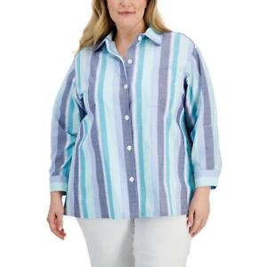 Anne Klein Womens Collared Striped Blouse Button-Down Top Shirt Plus BHFO 5851