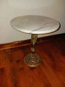 Vintage Marble & Brass Plant Stand Side Table, Hollywood Regency Style