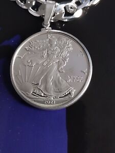 Necklace With 2021 American Eagle Coin () Silver Bezel Coin And Silver Chain.
