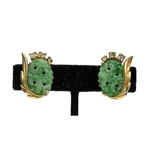 Vintage Jomaz Earrings Jade Molded Glass Clear Rhinestones Signed Jewelry