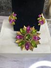 Pink Green Brooch clip on earring set rhinestone glass flower