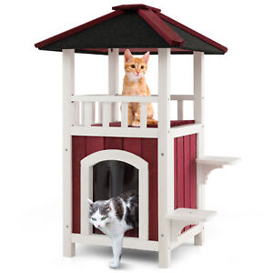 Outdoor Cat House 2-Story Wooden Cat Shelter with Asphalt Roof Removable Floor