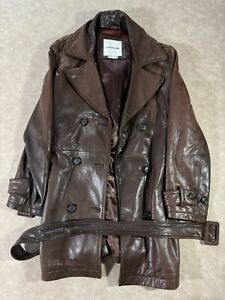 Andrew Marc Womens Leather Belted Trench Coat Lined Double Breasted Brown Small