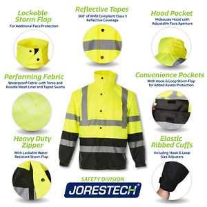 Safety Rain Jacket Reflective Green Hi-Vis Raincoat Rainjacket w Hood S-5XL